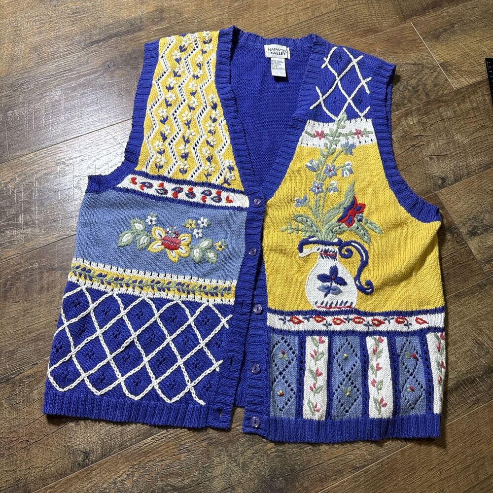 Vintage Napa Valley Floral Embroidered Patchwork Sweater Vest Grandma Core Large